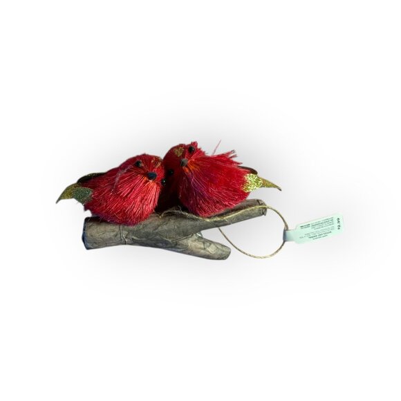 Red Glitter Birds Ornament – Dual Bird Design on Hanging Branch - Picture 1 of 4